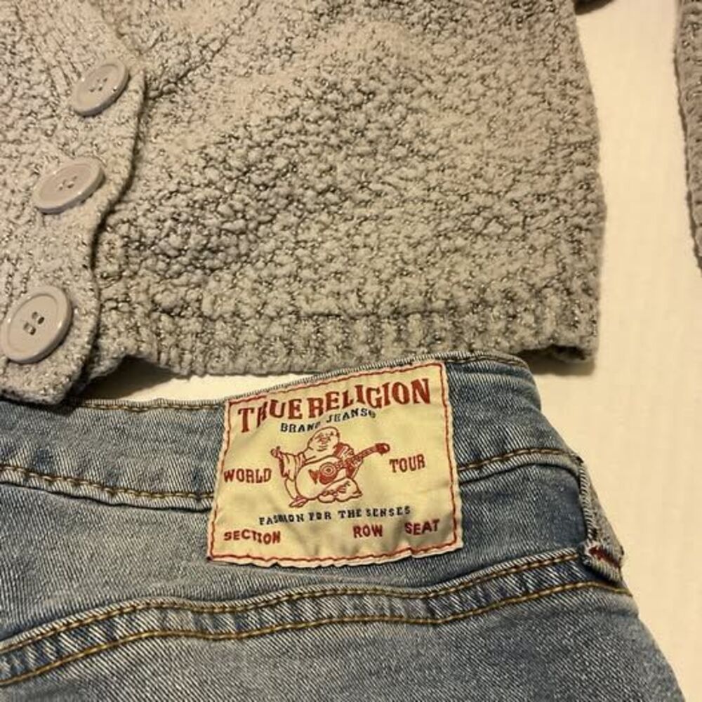 True Religion Jeans size 4 Mid rise Super Skinny Blue Wash Plus Top Gray Xs 27